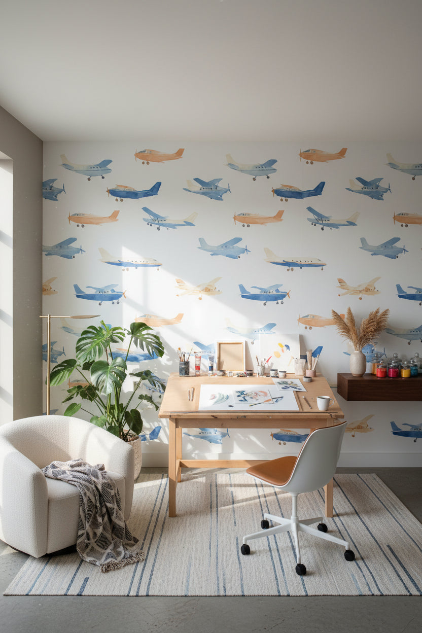 White Background Wallpaper Airplanes Playful Wall Mural