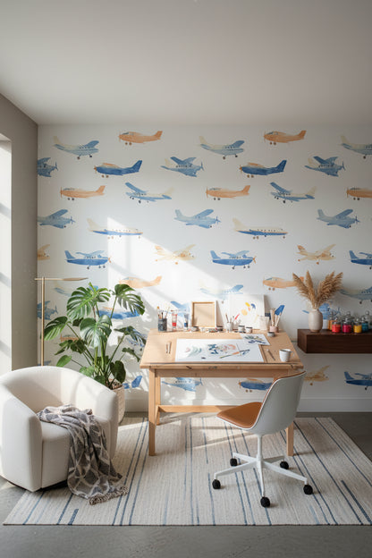 Whimsical Blue and Peach Airplane Kids Wallpaper