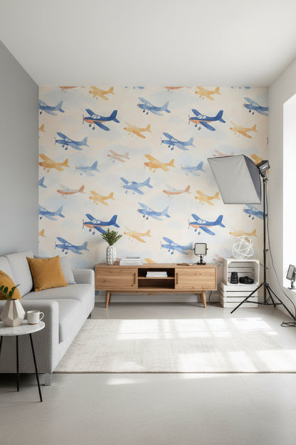 Playful Blue and Yellow Airplane Kids Wallpaper