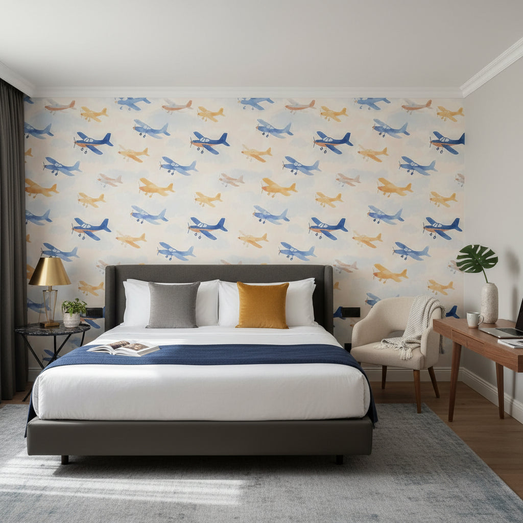 Playful Blue and Yellow Airplane Kids Wallpaper