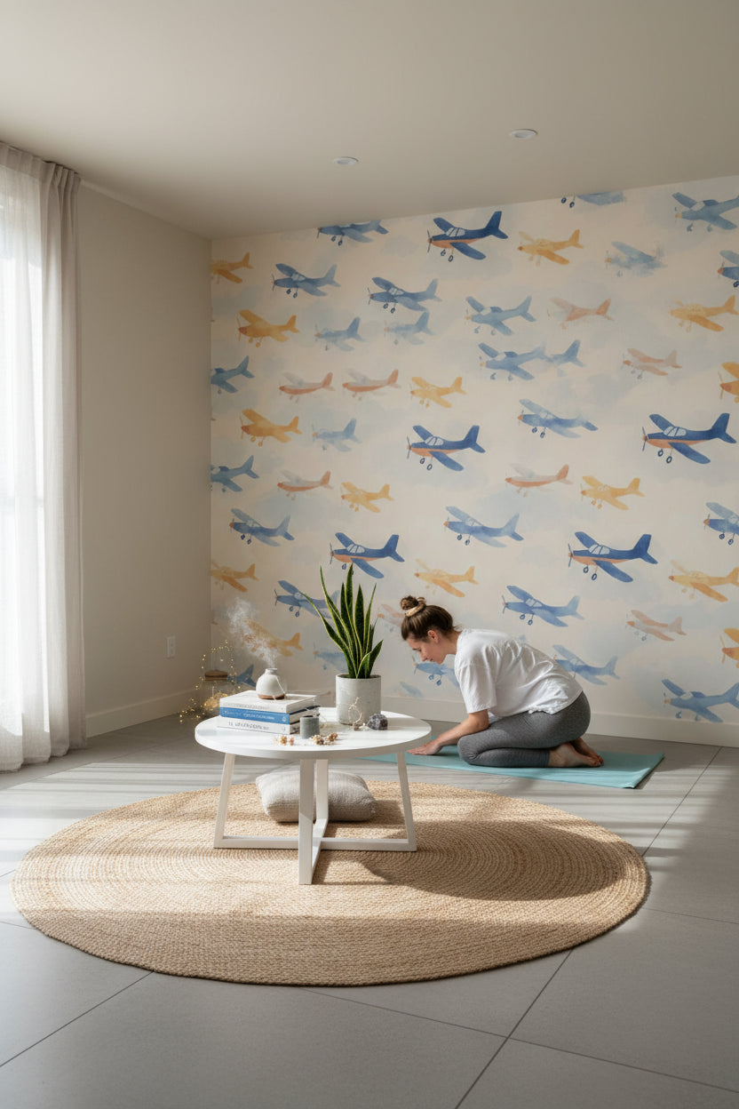 Playful Blue and Yellow Airplane Kids Wallpaper