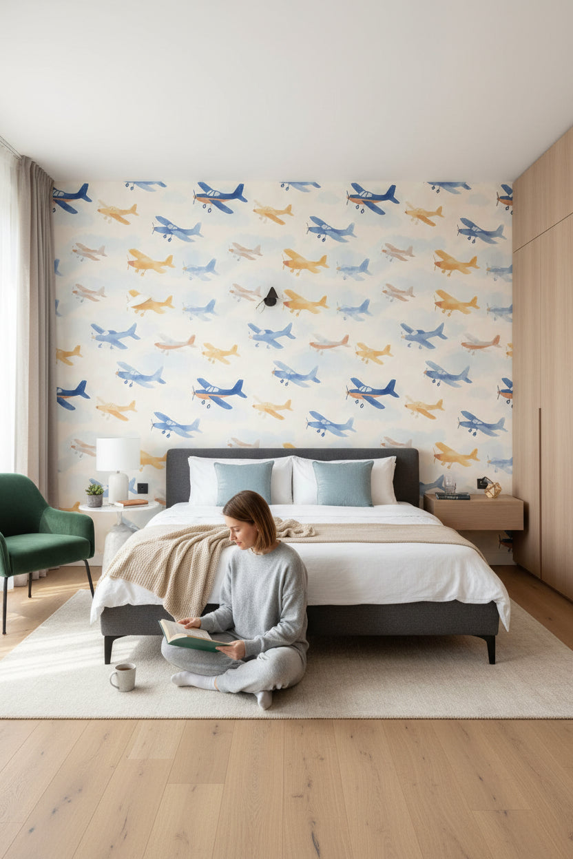 Playful Blue and Yellow Airplane Kids Wallpaper