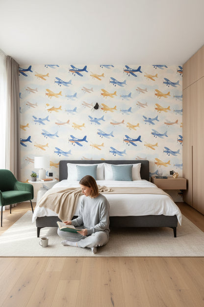 Playful Blue and Yellow Airplane Kids Wallpaper