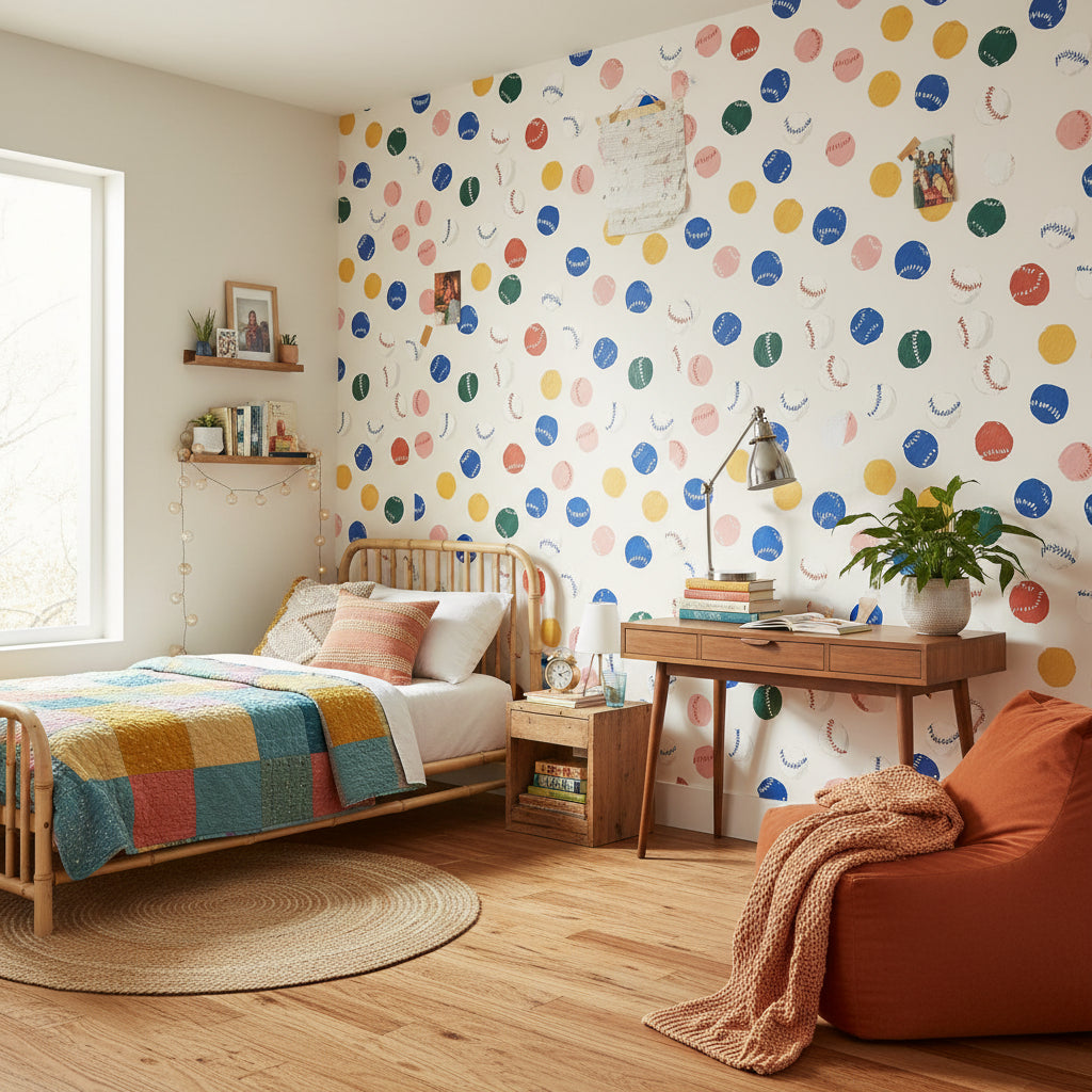 Baseball Pattern Wallpaper Colorful Playful Mural