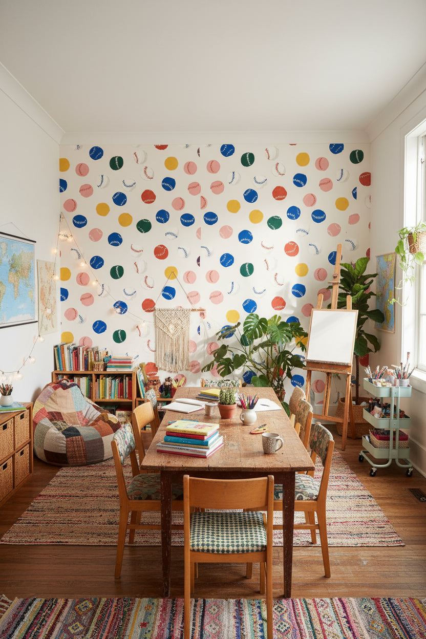 Baseball Pattern Wallpaper Colorful Playful Mural