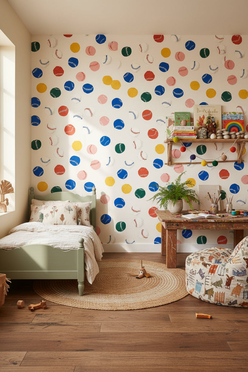 Baseball Pattern Wallpaper Colorful Playful Mural