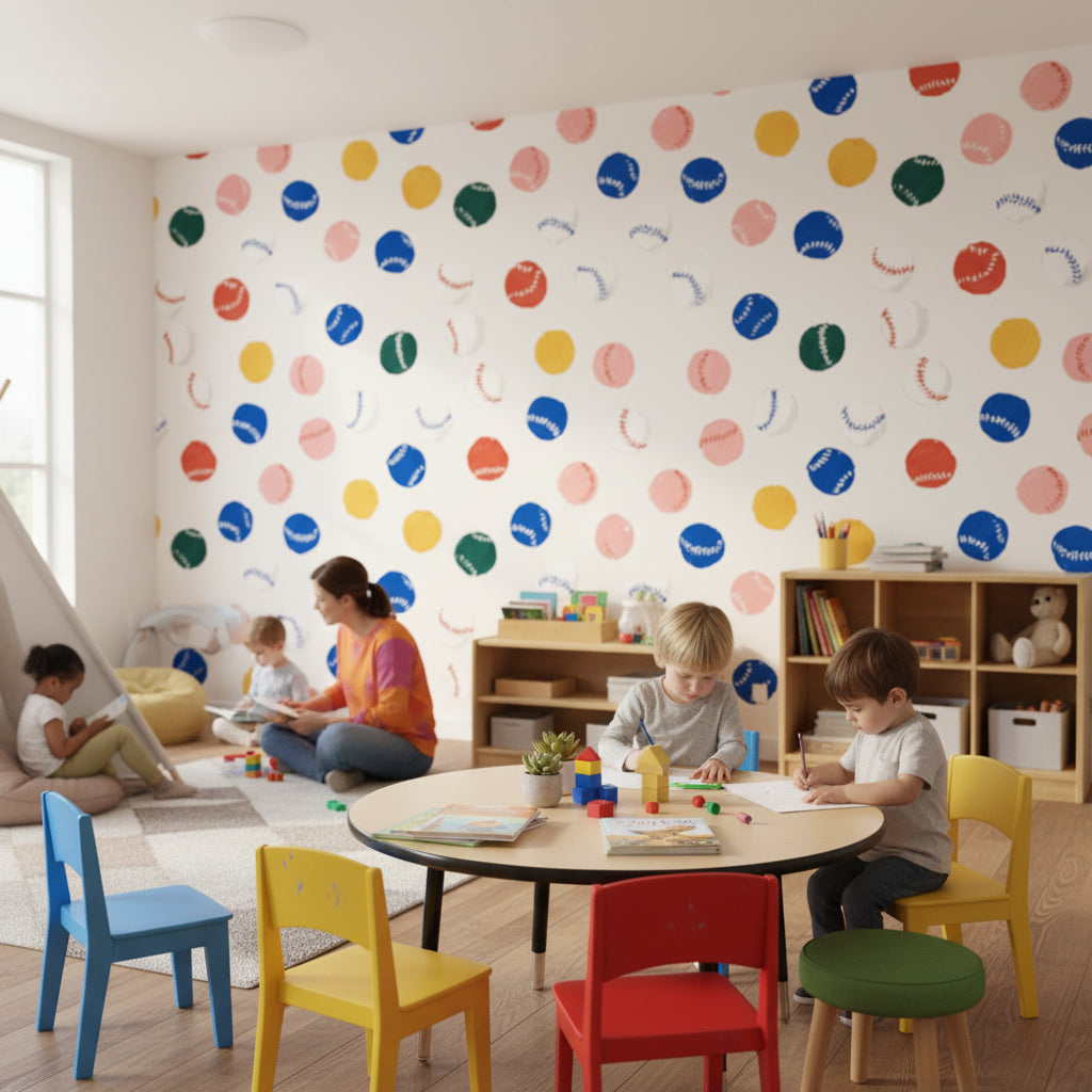 Baseball Pattern Wallpaper Colorful Playful Mural