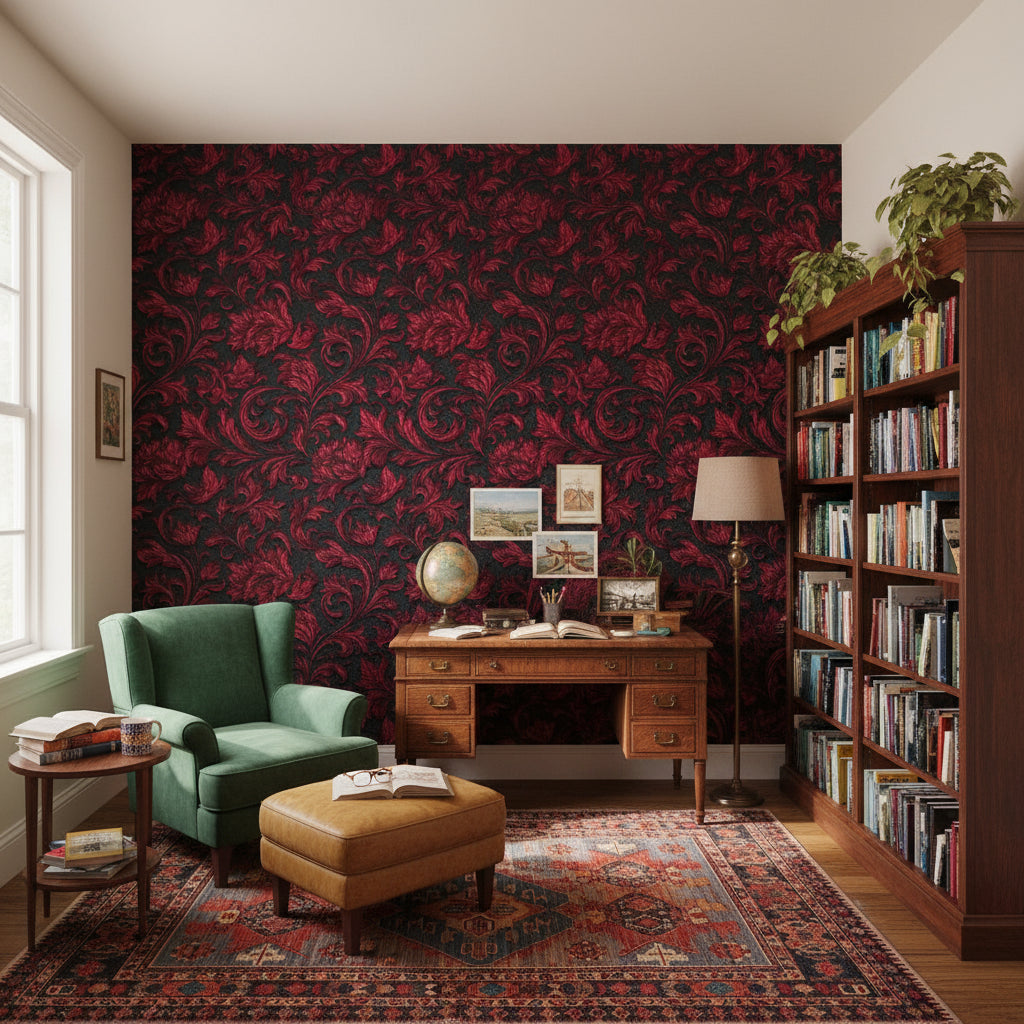 Rich Red Large Floral Pattern Wallpaper