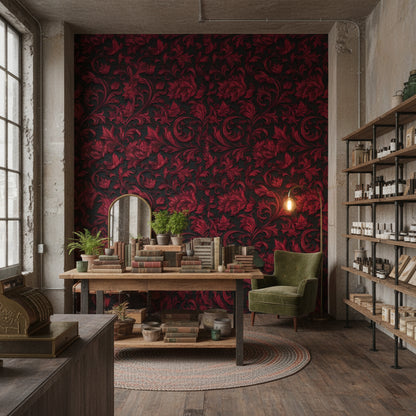 Rich Red Large Floral Pattern Wallpaper