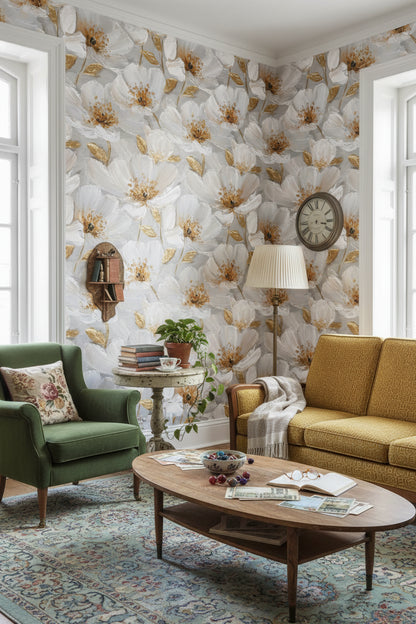 Soft Gray and Golden Look Large Floral Wallpaper