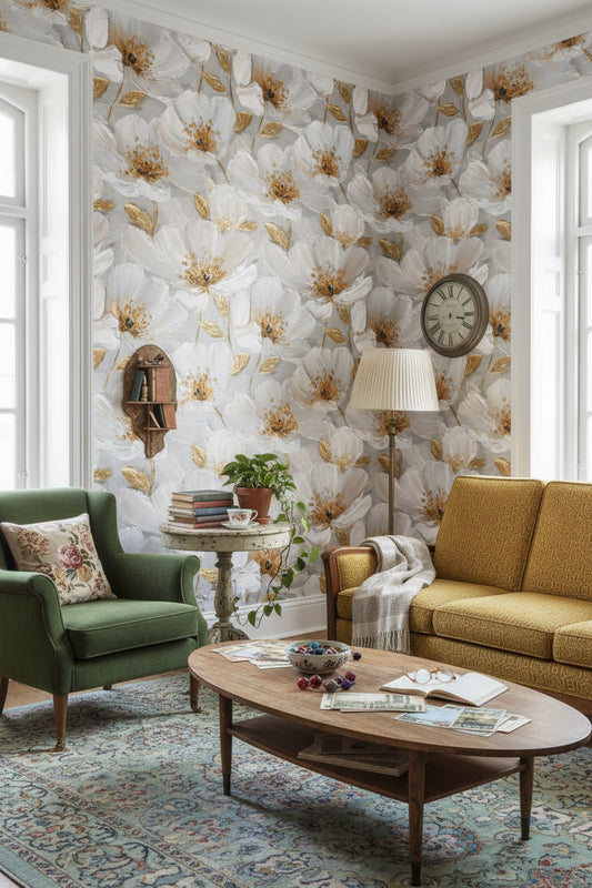 Floral Wallpaper White Flowers Gold Accents Removable Wall Decor