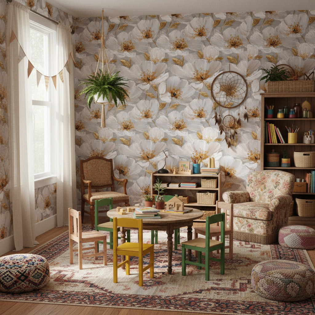 Floral Wallpaper White Flowers Gold Accents Removable Wall Decor