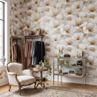 Soft Gray and Golden Look Large Floral Wallpaper