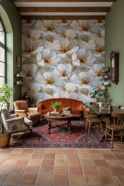 Soft Gray and Golden Look Large Floral Wallpaper