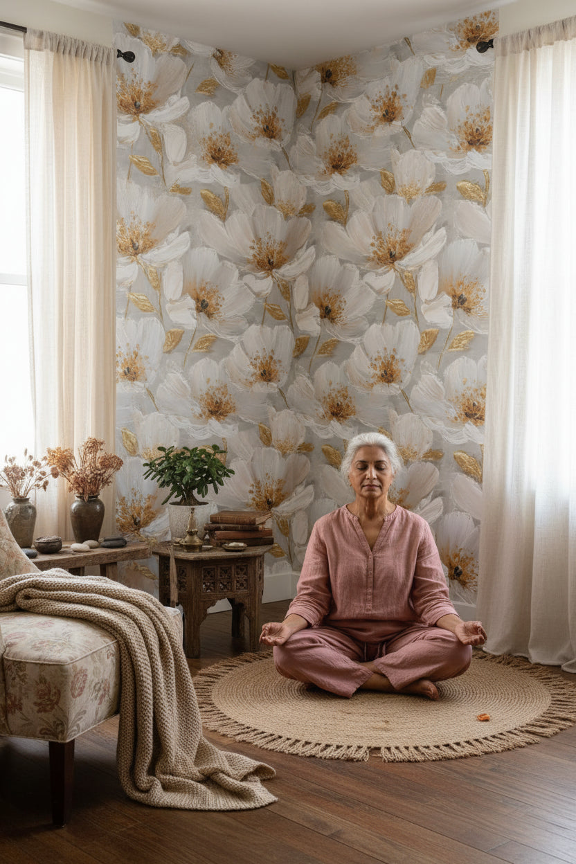 Soft Gray and Golden Look Large Floral Wallpaper