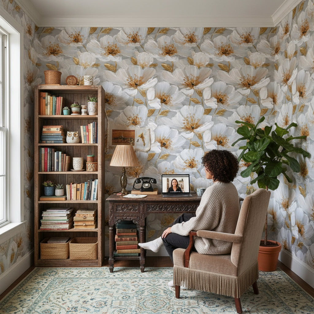 Soft Gray and Golden Look Large Floral Wallpaper