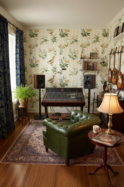 Cream Botanical Birds and Leaves Wallpaper