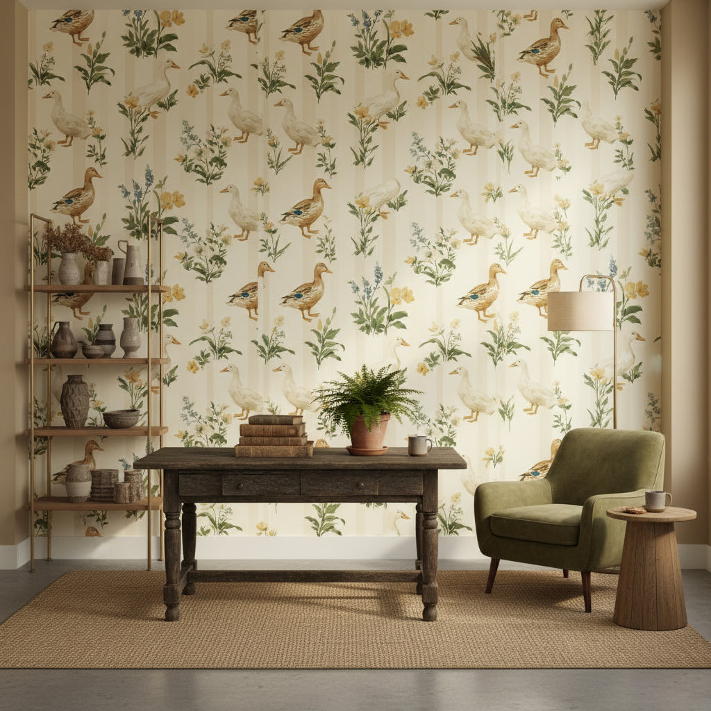 Cream Botanical Birds and Leaves Wallpaper