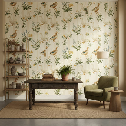 Cream Botanical Birds and Leaves Wallpaper