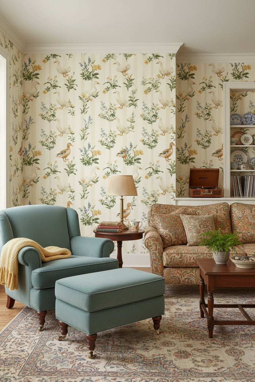 Cream Botanical Birds and Leaves Wallpaper