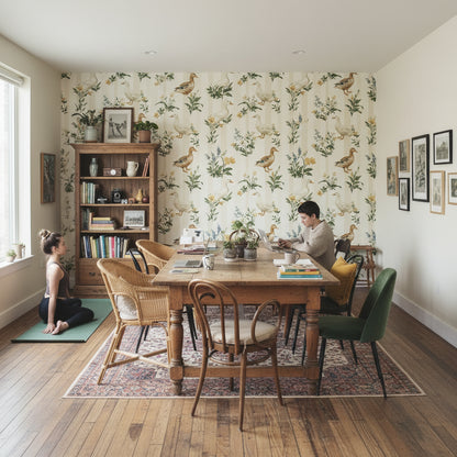 Cream Botanical Birds and Leaves Wallpaper