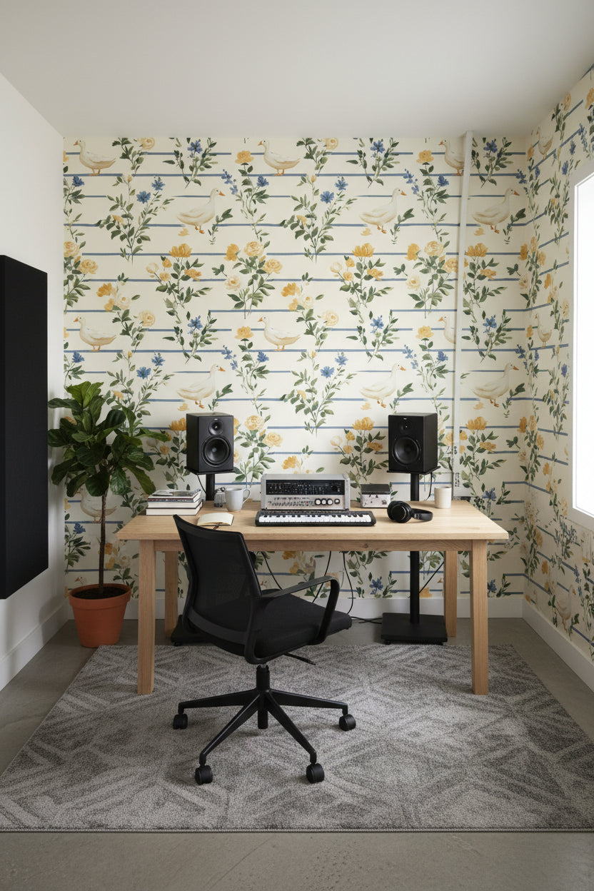 Cream Vintage Floral and Bird Pattern Wallpaper