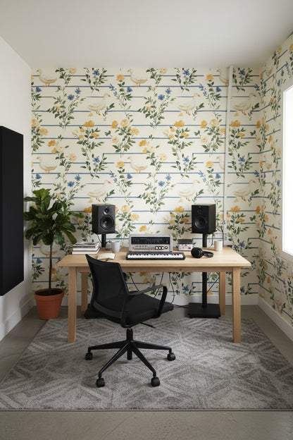 Cream Vintage Floral and Bird Pattern Wallpaper