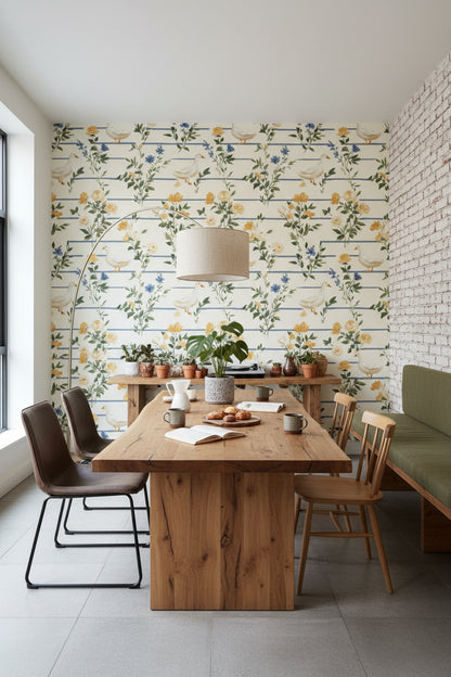 Cream Vintage Floral and Bird Pattern Wallpaper
