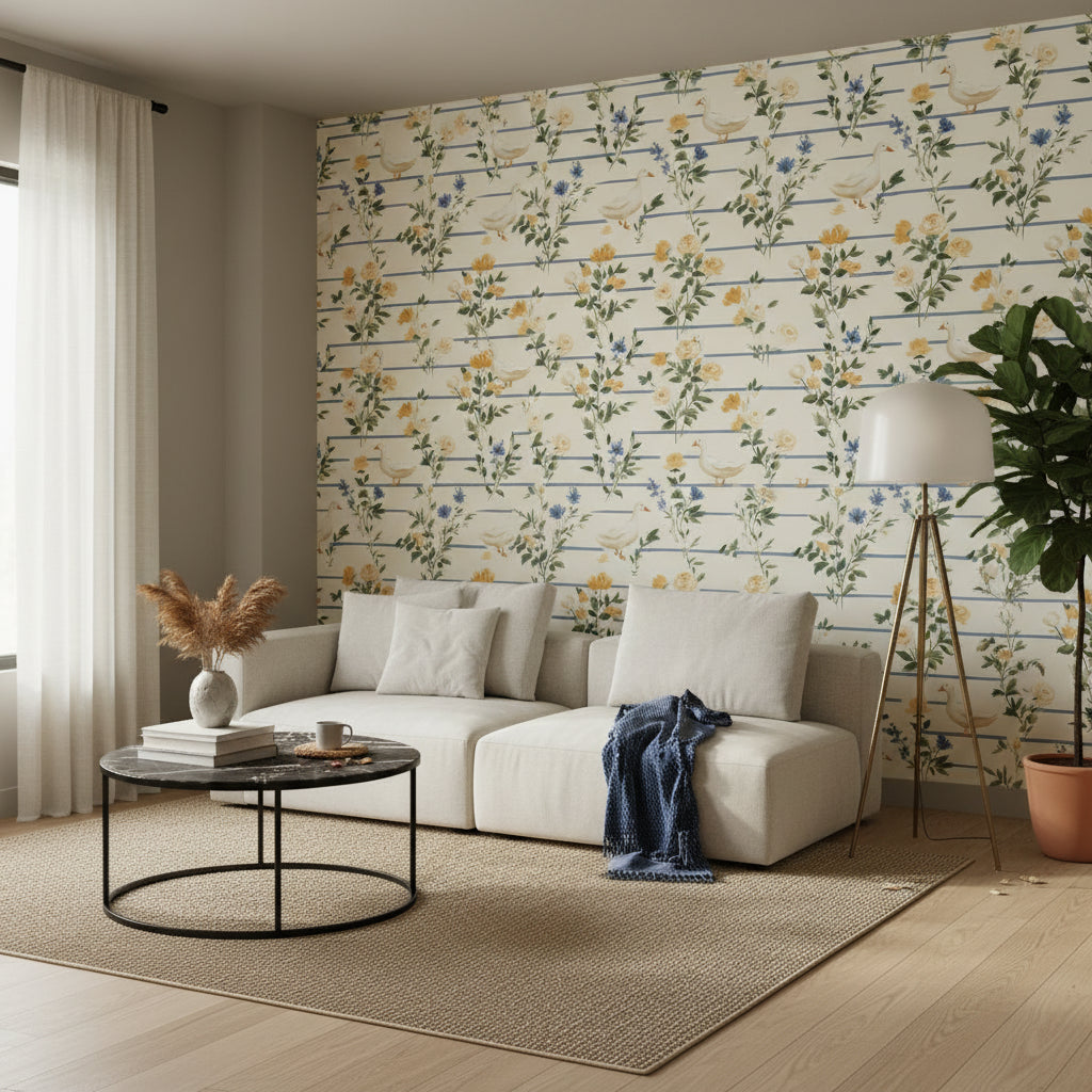 Cream Vintage Floral and Bird Pattern Wallpaper