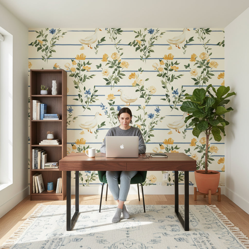 Cream Vintage Floral and Bird Pattern Wallpaper