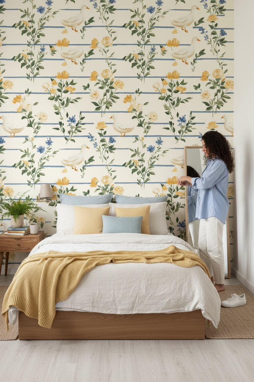 Cream Vintage Floral and Bird Pattern Wallpaper