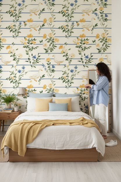 Cream Vintage Floral and Bird Pattern Wallpaper