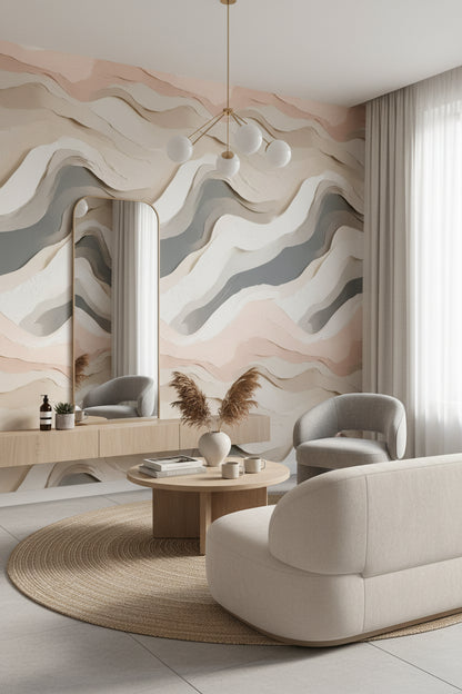 Blush Pink and Cream Abstract Wave Wallpaper