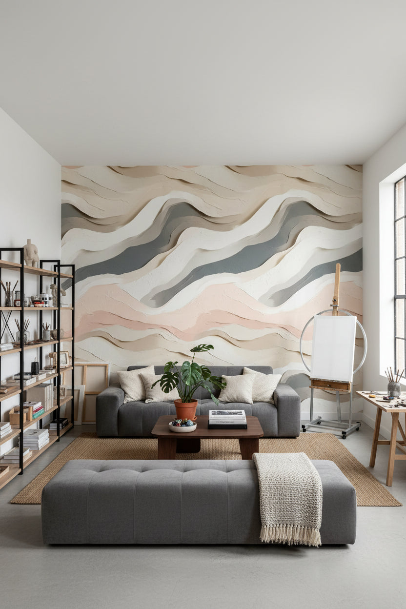 Blush Pink and Cream Abstract Wave Wallpaper