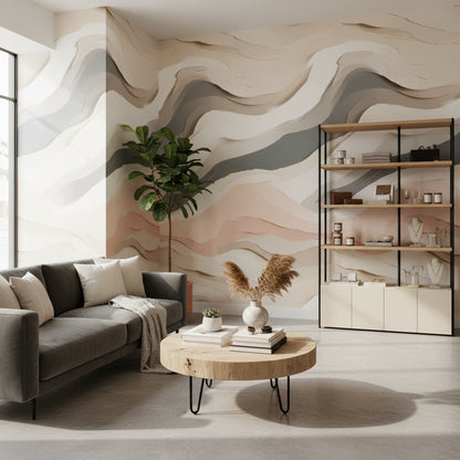 Blush Pink and Cream Abstract Wave Wallpaper