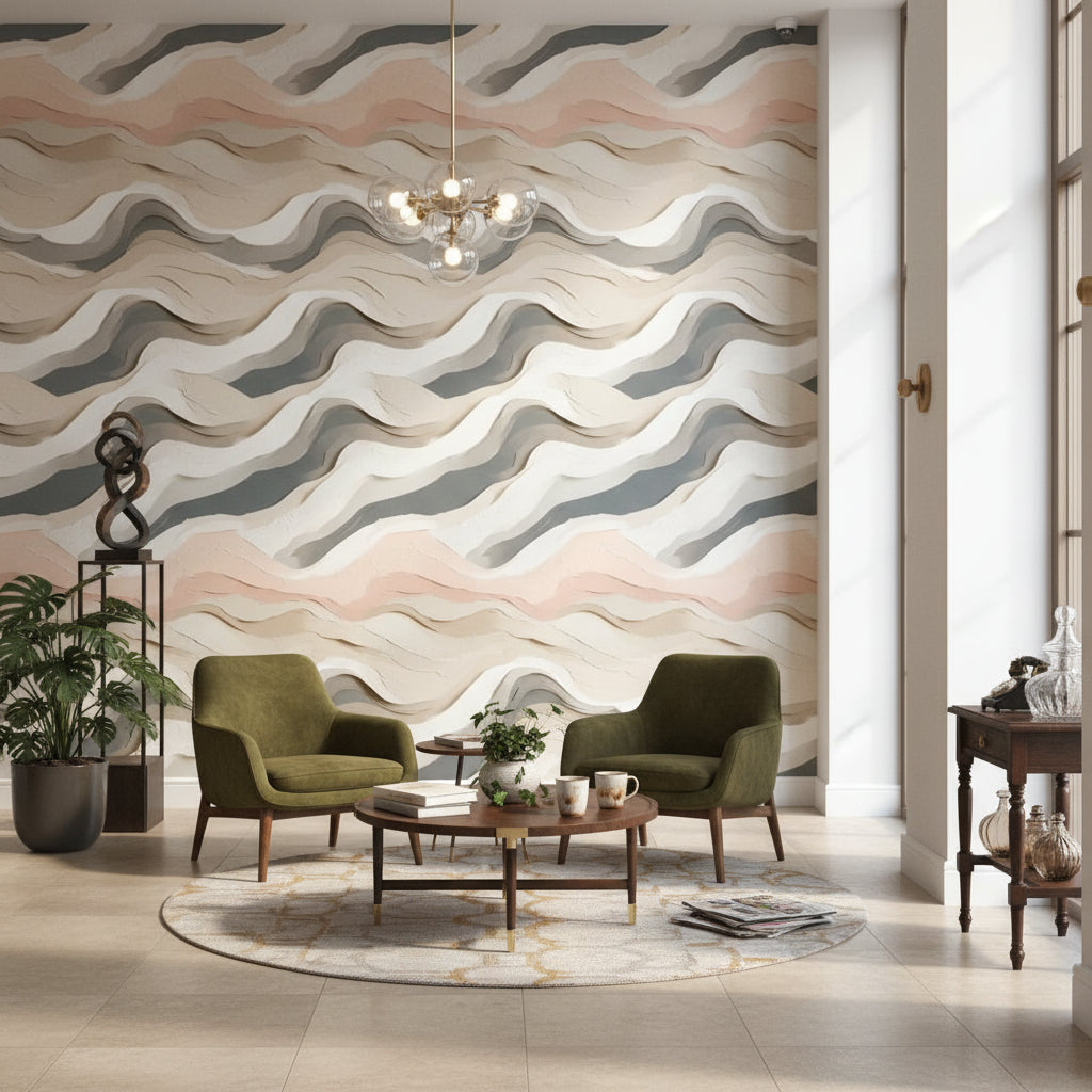 Blush Pink and Cream Abstract Wave Wallpaper