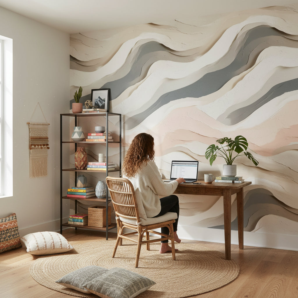 Blush Pink and Cream Abstract Wave Wallpaper