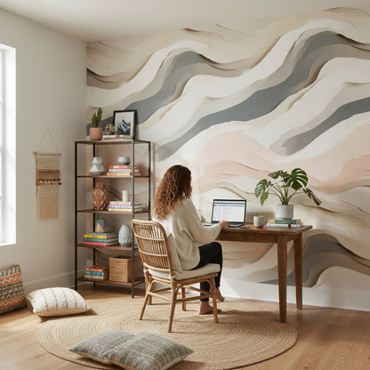 Blush Pink and Cream Abstract Wave Wallpaper