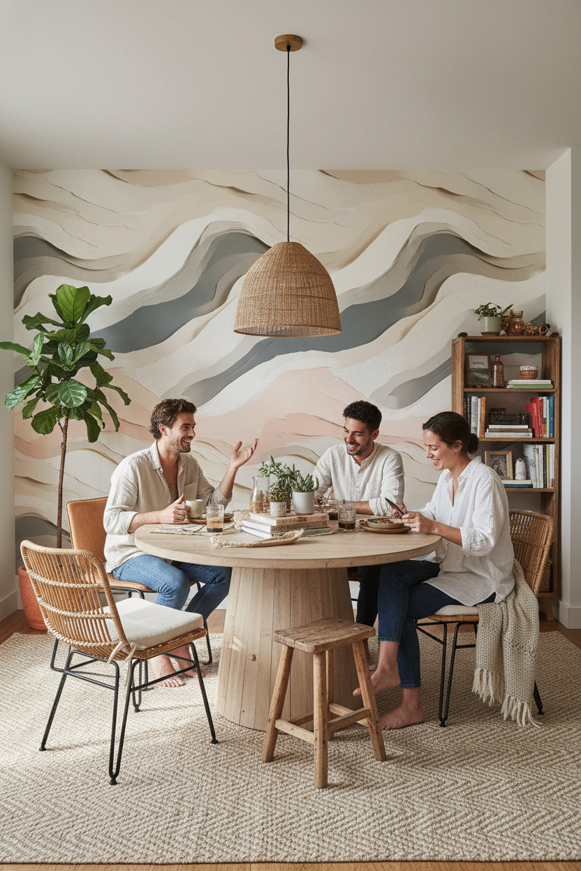 Blush Pink and Cream Abstract Wave Wallpaper