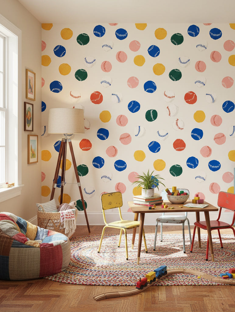 Baseball Pattern Wallpaper Colorful Playful Mural