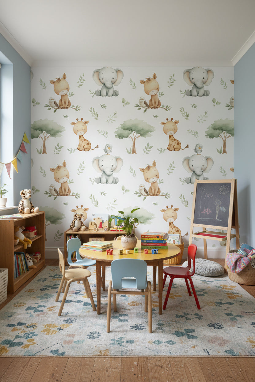White Safari Animal and Leaf Kids Wallpaper