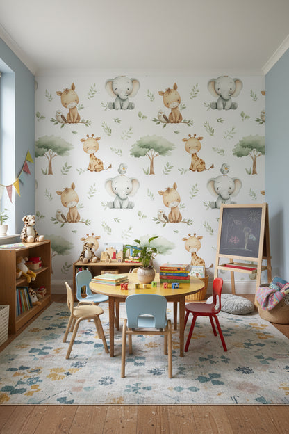 White Safari Animal and Leaf Kids Wallpaper