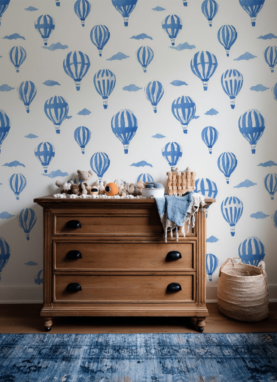 Blue Hot Air Balloon Nursery Wallpaper