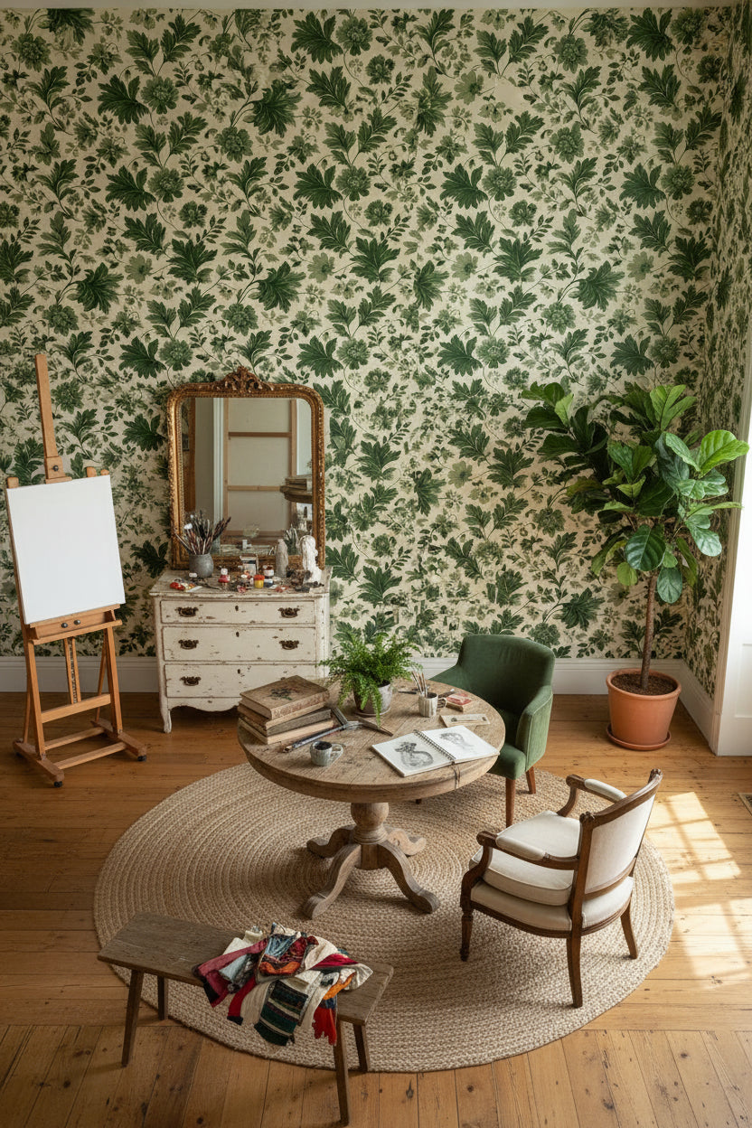 Cream and Green Botanical Leaf Wallpaper