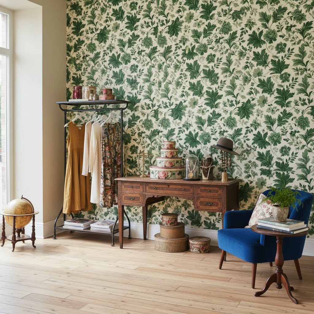 Cream and Green Botanical Leaf Wallpaper