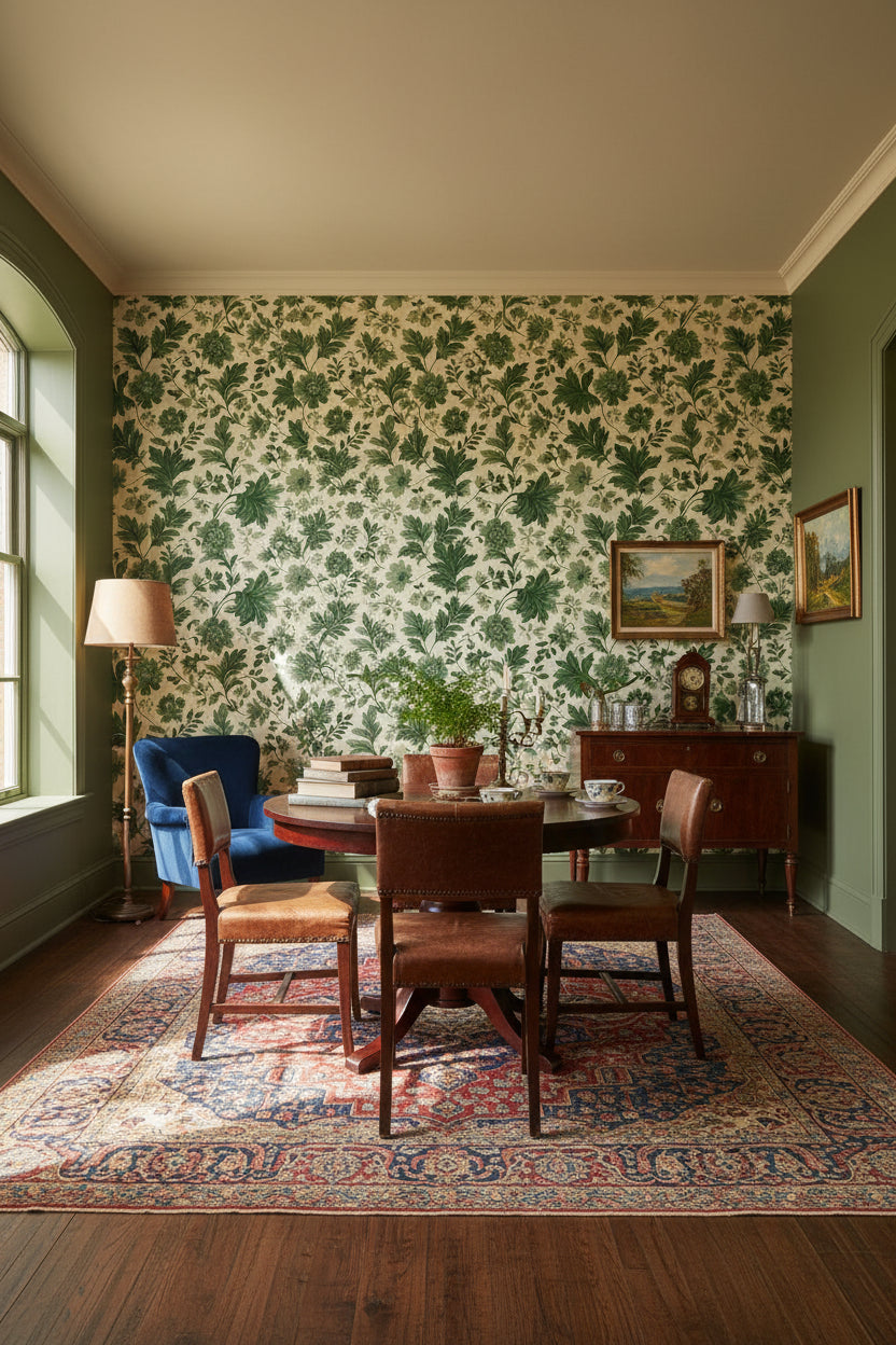 Cream and Green Botanical Leaf Wallpaper