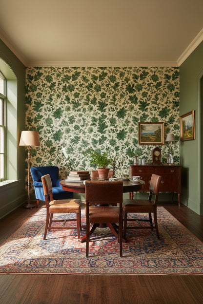 Cream and Green Botanical Leaf Wallpaper