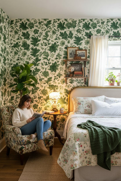 Cream and Green Botanical Leaf Wallpaper