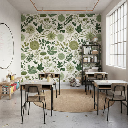 White and Green Botanical Floral Wallpaper