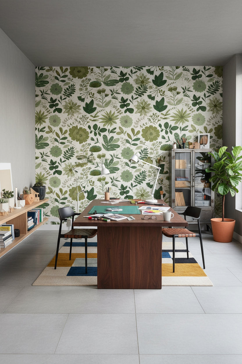 White and Green Botanical Floral Wallpaper